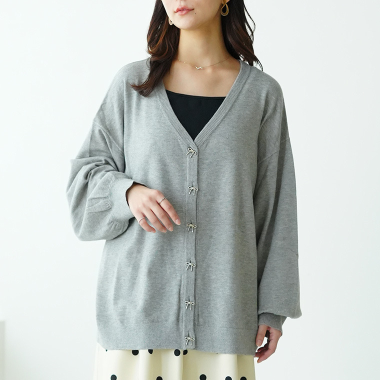 ハートとリボンで選べる! スカート派さんが嬉しい スタイルアップ もっちり Vネックカーデ1