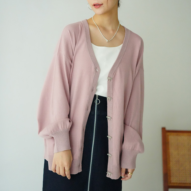 ハートとリボンで選べる! スカート派さんが嬉しい スタイルアップ もっちり Vネックカーデ1