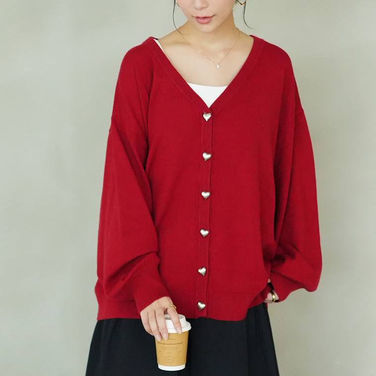 ハートとリボンで選べる! スカート派さんが嬉しい スタイルアップ もっちり Vネックカーデ1