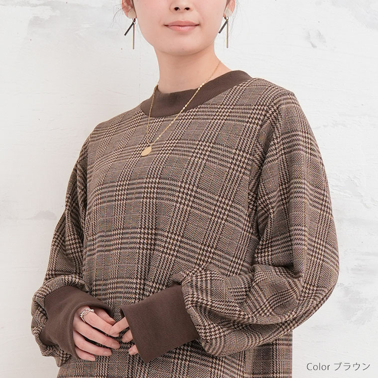 着ぶくれない 裏起毛 リブ使い ハイネック チェック ワンピース あったか14