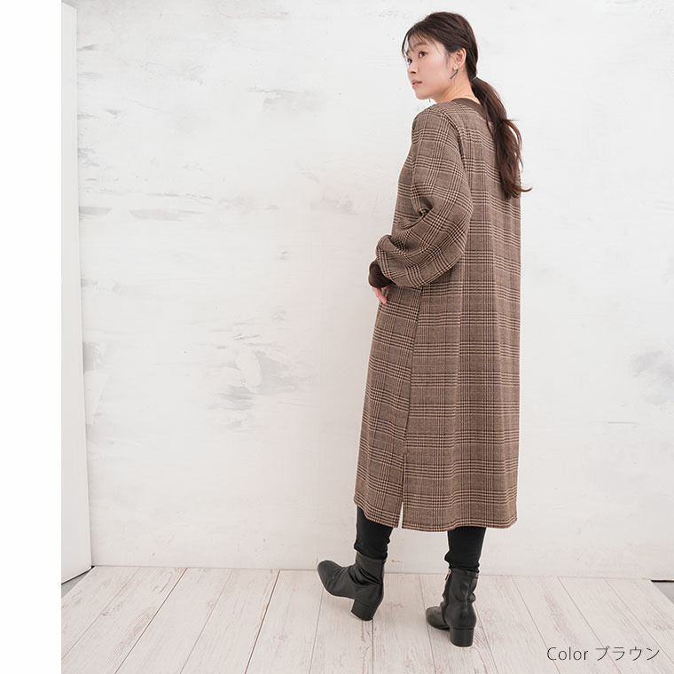 着ぶくれない 裏起毛 リブ使い ハイネック チェック ワンピース あったか15