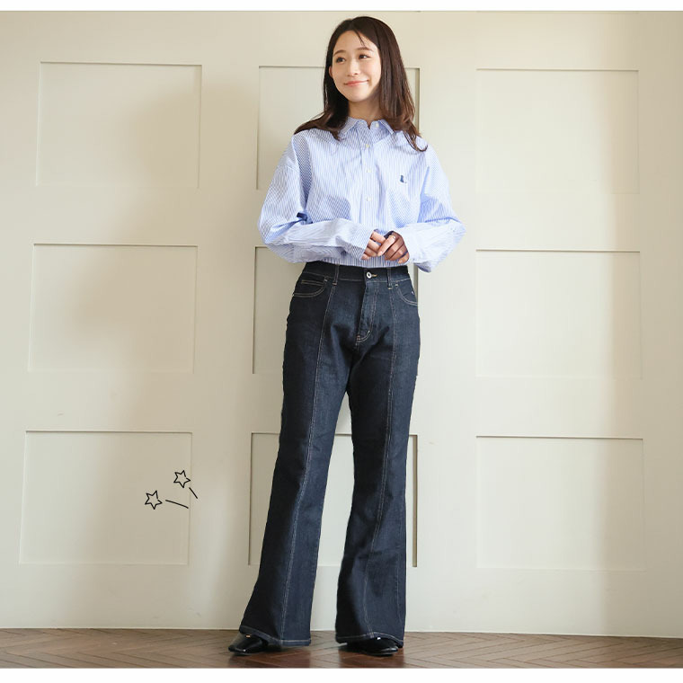 楽伸び美脚! センターシーム ストレッチ フレア デニムパンツ6