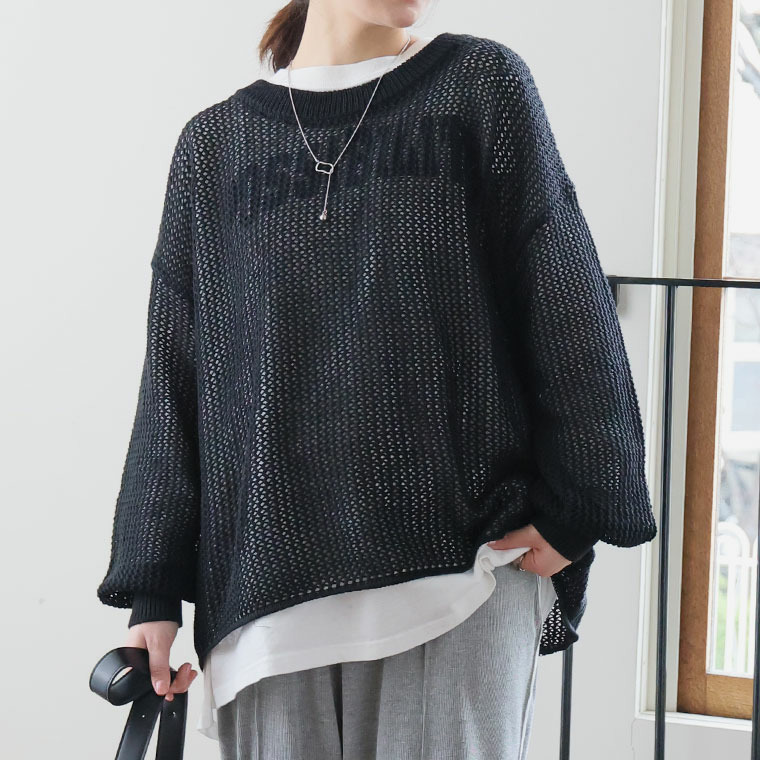 上品透かしで体型カバー 春から夏まで長く使える レイヤード 透かし編み ニット1