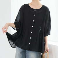 さらり涼し気 デニムが映える 楊柳シアー 華奢魅せ タックギャザー シャツ ブラウス