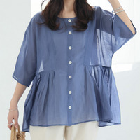 さらり涼し気 デニムが映える 楊柳シアー 華奢魅せ タックギャザー シャツ ブラウス