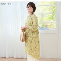 綿スラブ 総柄プリント Vネック コクーン ワンピ