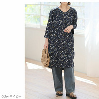 綿スラブ 総柄プリント Vネック コクーン ワンピ