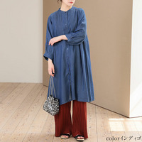 軽くて柔らか！ バンドカラー ピンタック デニム シャツ チュニック