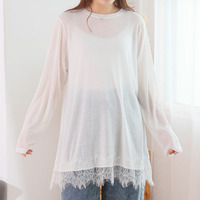 2デザイン/2袖から選べる 裾レース シアー トップス