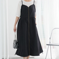 切り替えで着痩せ フロントジップ Aライン ワンピース