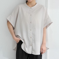 首苦しくない 前ボタン ノーカラー ブラウス ドライタッチ 麻調合繊