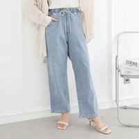 サラ夏デニム 綿麻ストレッチ ゆるストレートパンツ