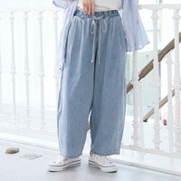 サラ夏デニム 綿麻ストレッチ バレルレッグパンツ