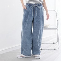 サラ夏デニム 綿麻ストレッチ バレルレッグパンツ
