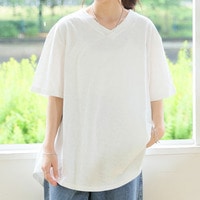 涼しくさらっと！ 綿100％ 合わせVネック フレア Tシャツ