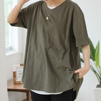 涼しくさらっと！ 綿100％ 合わせVネック フレア Tシャツ