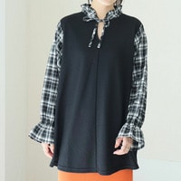 【お腹カバー 二の腕カバー】レイヤード風デザイン チェック ぽわん袖 プルオーバー _ カットソー