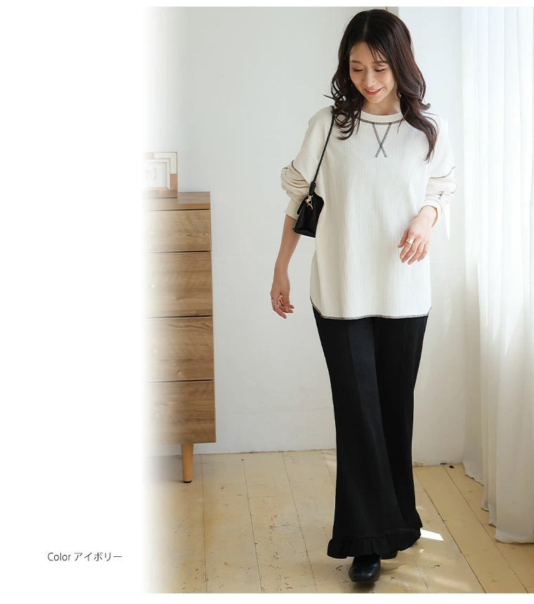 暑さは続いても、着心地はさらり。エアドライワッフル 配色ステッチ トップス _ Tシャツ カットソー ビッグシルエット10