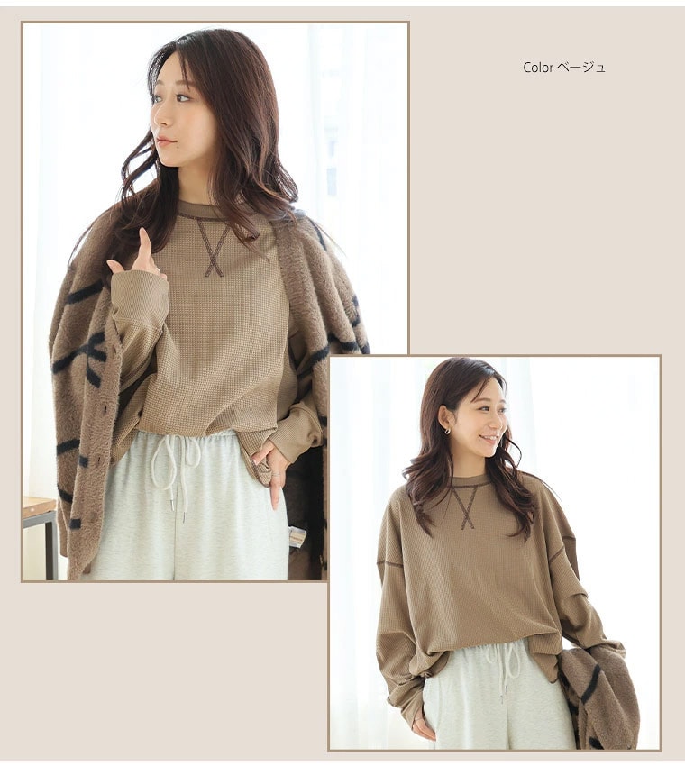 暑さは続いても、着心地はさらり。エアドライワッフル 配色ステッチ トップス _ Tシャツ カットソー ビッグシルエット12