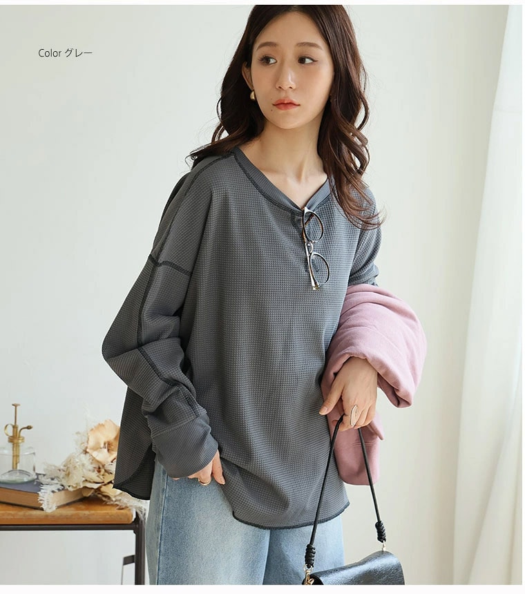 暑さは続いても、着心地はさらり。エアドライワッフル 配色ステッチ トップス _ Tシャツ カットソー ビッグシルエット8