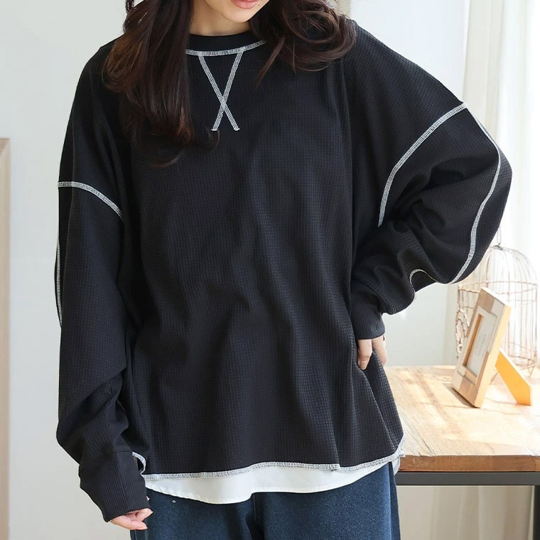 暑さは続いても、着心地はさらり。エアドライワッフル 配色ステッチ トップス _ Tシャツ カットソー ビッグシルエット1