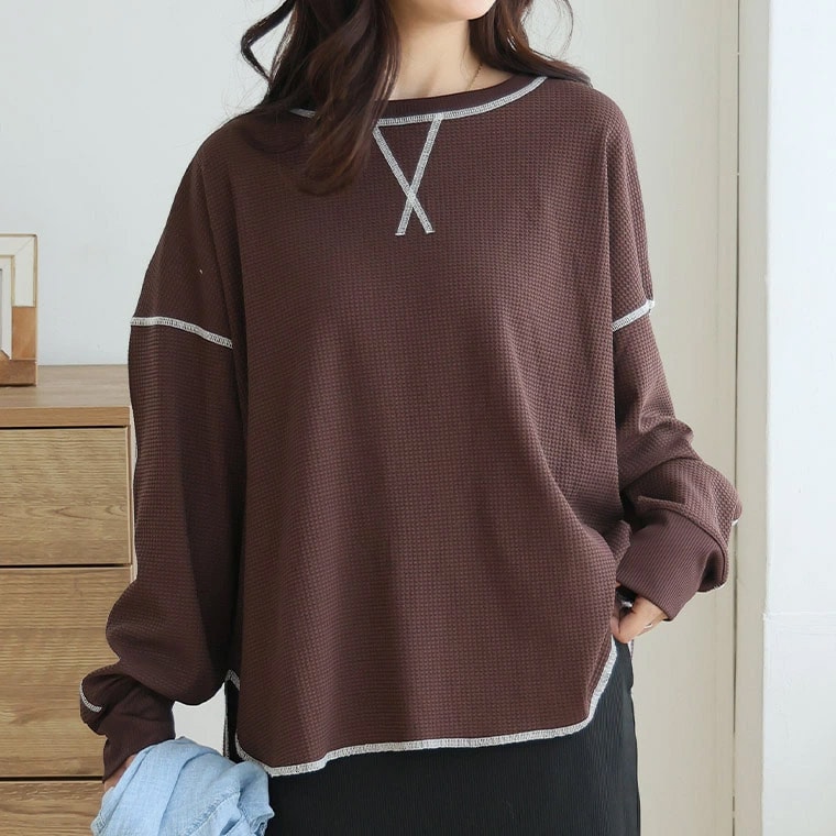 暑さは続いても、着心地はさらり。エアドライワッフル 配色ステッチ トップス _ Tシャツ カットソー ビッグシルエット1