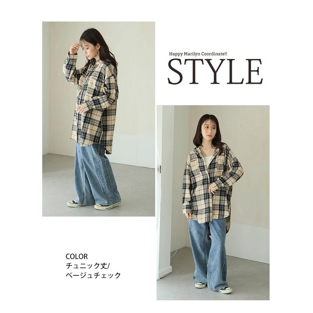 チュニック丈、レギュラー丈 2丈から選べる フードデザイン チェック柄シャツ14