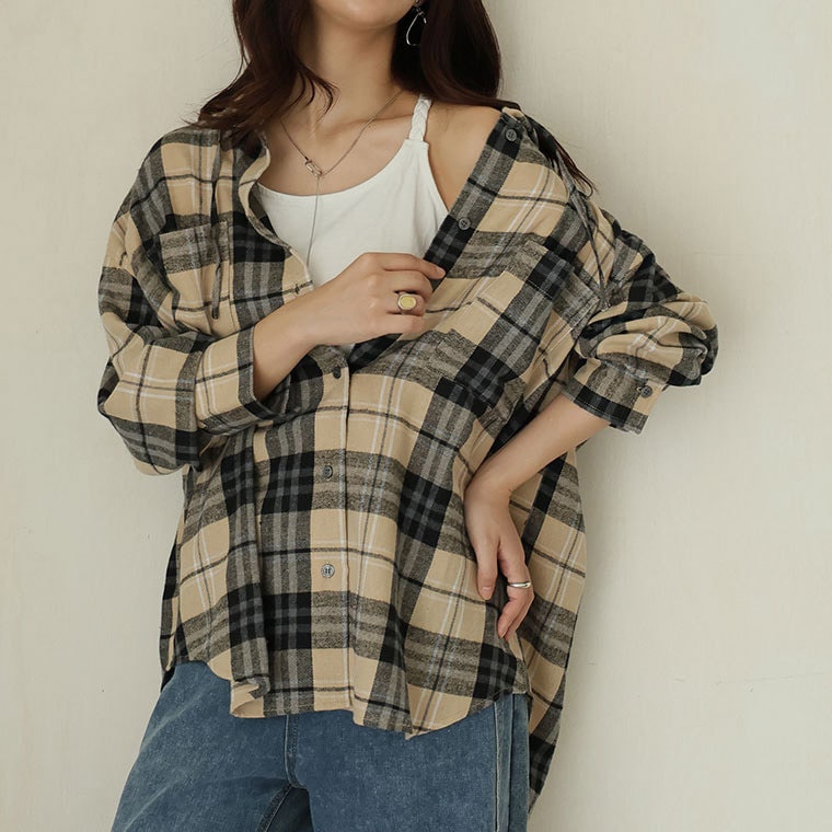 チュニック丈、レギュラー丈 2丈から選べる フードデザイン チェック柄シャツ1