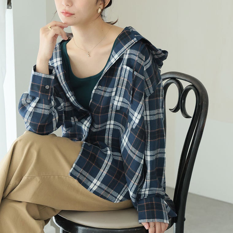 チュニック丈、レギュラー丈 2丈から選べる フードデザイン チェック柄シャツ1