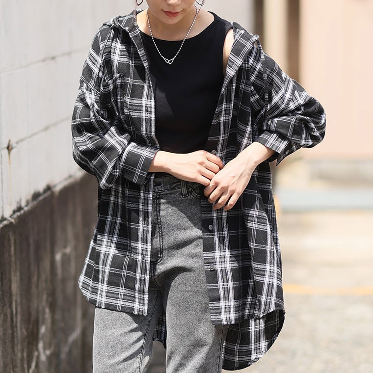 チュニック丈、レギュラー丈 2丈から選べる フードデザイン チェック柄シャツ1