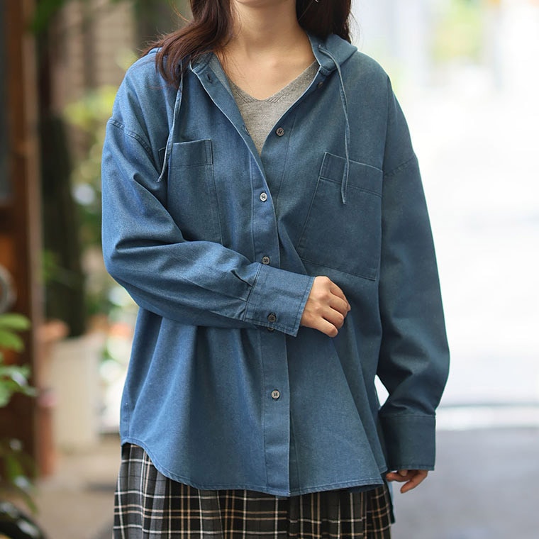 チュニック丈、レギュラー丈 2丈から選べる フードデザイン チェック柄シャツ1