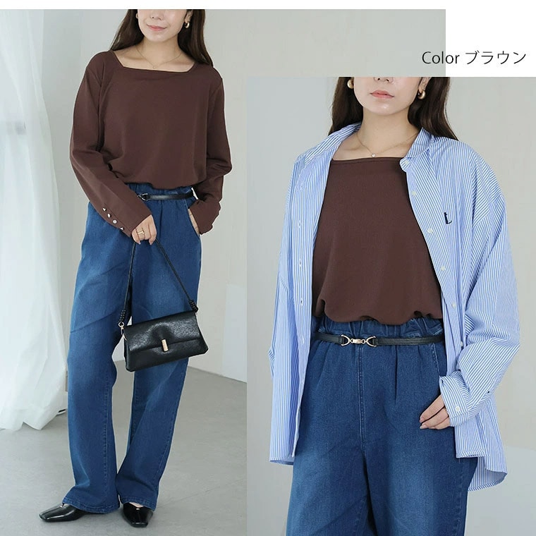 インナー リブ 袖ボタン ロンT _ Tシャツ カットソー 汗じみ軽減 スクエアネック10