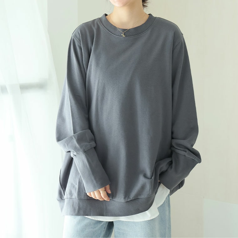 裏起毛 苦手さん集合! 二の腕激やせ!? 袖細 リブ スウェット プルオーバー1