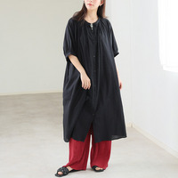 【風通るプレミアム】綿 楊柳 五分袖 ギャザー たっぷり ワンピース