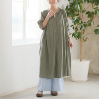 【風通るプレミアム】綿 楊柳 五分袖 ギャザー たっぷり ワンピース