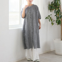 【風通るプレミアム】綿 楊柳 五分袖 ギャザー たっぷり ワンピース