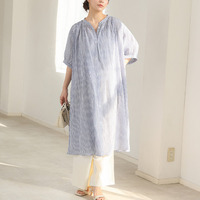 【風通るプレミアム】綿 楊柳 五分袖 ギャザー たっぷり ワンピース