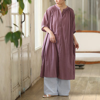 【風通るプレミアム】綿 楊柳 五分袖 ギャザー たっぷり ワンピース