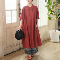 【風通るプレミアム】綿 楊柳 五分袖 ギャザー たっぷり ワンピース