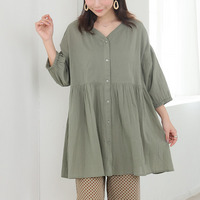 【風通るプレミアム】綿 楊柳 七分袖 ウエストギャザー ブラウス