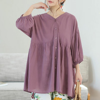 【風通るプレミアム】綿 楊柳 七分袖 ウエストギャザー ブラウス