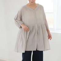 【風通るプレミアム】綿 楊柳 七分袖 ウエストギャザー ブラウス