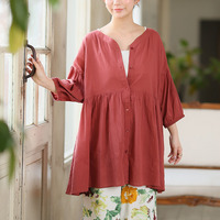 【風通るプレミアム】綿 楊柳 七分袖 ウエストギャザー ブラウス