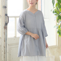 【風通るプレミアム】綿 楊柳 七分袖 ウエストギャザー ブラウス