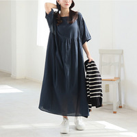 【風通るプレミアム】 綿 楊柳 五分袖 ウエスト切替 ワンピース