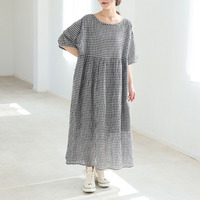【風通るプレミアム】 綿 楊柳 五分袖 ウエスト切替 ワンピース