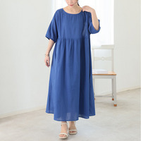 【風通るプレミアム】 綿 楊柳 五分袖 ウエスト切替 ワンピース