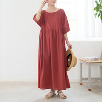 【風通るプレミアム】 綿 楊柳 五分袖 ウエスト切替 ワンピース