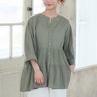 【風通るプレミアム】綿 楊柳 七分袖 ティアード ブラウス