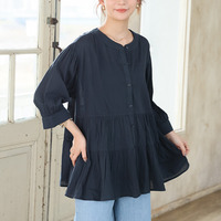 【風通るプレミアム】綿 楊柳 七分袖 ティアード ブラウス